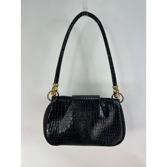 Black Croc Embossed Shoulder Bag With Gold Alligator Detail By Bueno - Picture 2 of 11